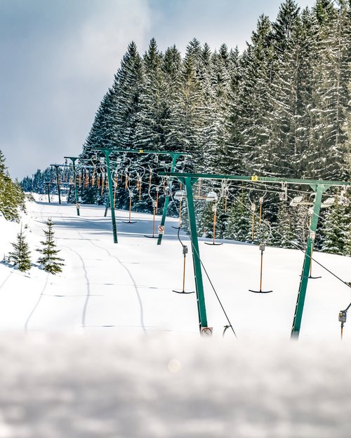 Hotel Sonnenhof Skilift auf schneebedeckter Piste neben einem Wald mit verschneiten Bäumen
