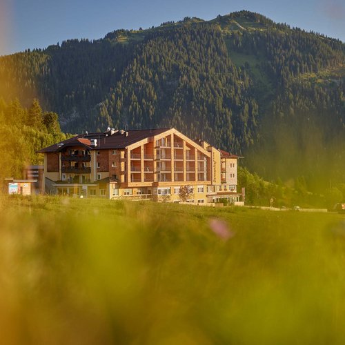 Hotel Sonnenhof Berghotel mit Wiese im Vordergrund und bewaldetem Berg im Hintergrund bei Sonnenschein