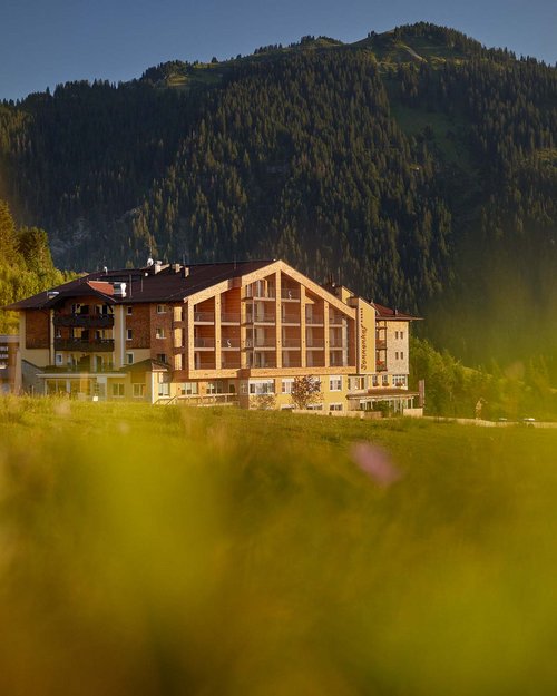 Hotel Sonnenhof Hotel in den Bergen mit Wiese und Wald im Vordergrund bei Sonnenuntergang