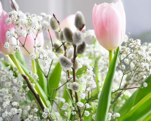 Hotel Sonnenhof Strauß aus rosa Tulpen, Schleierkraut und Weidenkätzchen in Vase