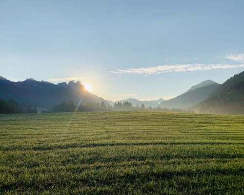 Hotel Sonnenhof Sonnenaufgang über grünem Feld und Bergen im Hintergrund
