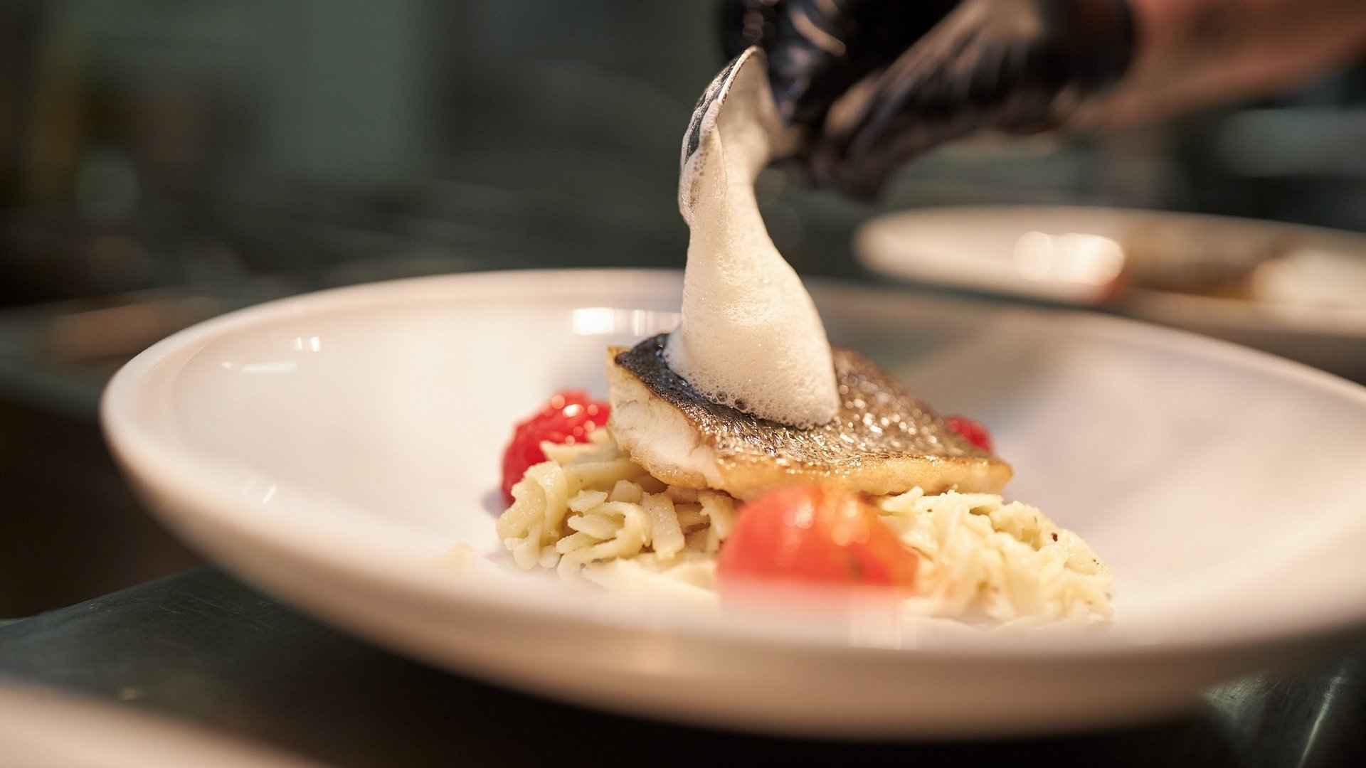 Haubenküche in Grän – Verwöhnpension mit 5-Gang-Menü im Sonnenhof Tirol Fein angerichteter Fisch mit Schaum und Gemüse auf weißem Teller