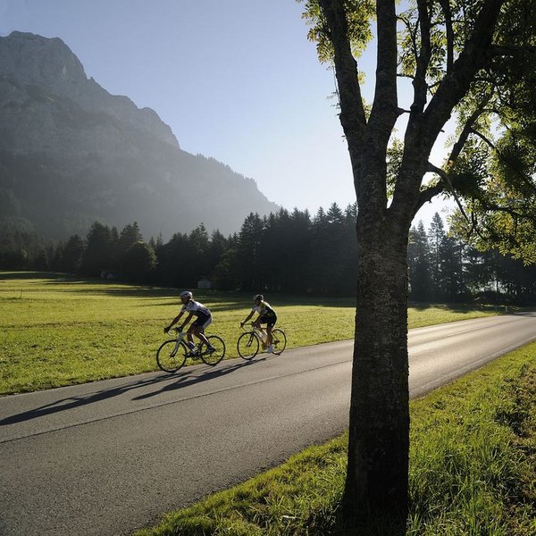 Hotel Sonnenhof Zwei Radfahrer fahren auf einer Landstraße neben Bäumen und Bergen bei Sonnenlicht